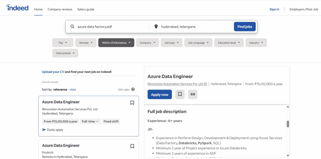 indeed - Azure data factory training in hyderabad