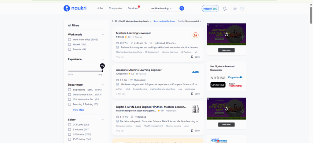 Machine Learning Training in Hyderabad - Naukri -Jobs