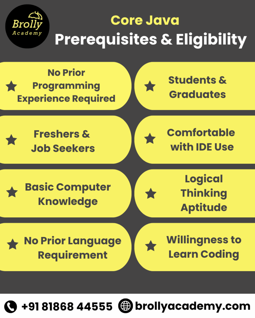 core java prerequisites & eligibility - core java traiining in hyderabad - brolly academy