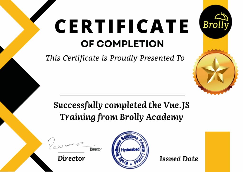 Vue.js Training in Hyderabad - Vue.js Training Completion Certificate