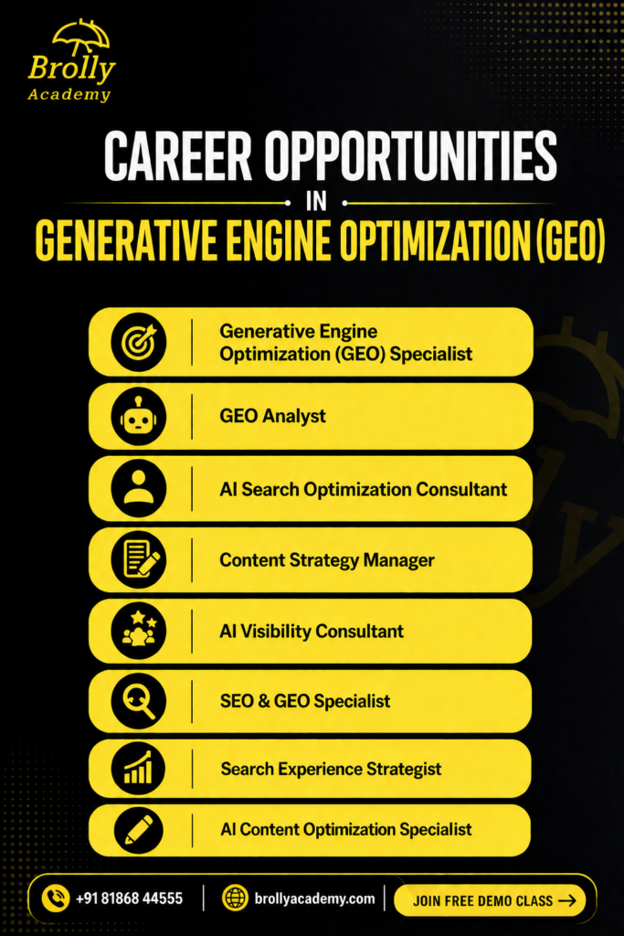 Career Opportunities in Generative Engine Optimization infographic featuring GEO Specialist, GEO Analyst, AI Search Optimization Consultant, Content Strategy Manager, AI Visibility Consultant, SEO & GEO Specialist, Search Experience Strategist, and AI Content Optimization Specialist.