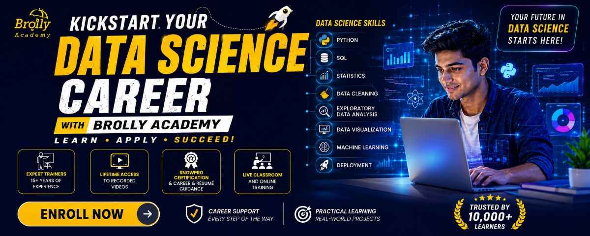 Data Science career banner with Python, SQL, statistics, data cleaning, machine learning, and deployment skills