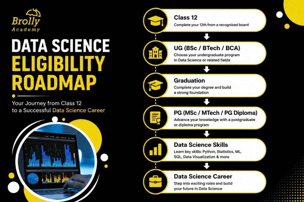 Data Science eligibility roadmap from Class 12 to UG, graduation, PG, skills, and career