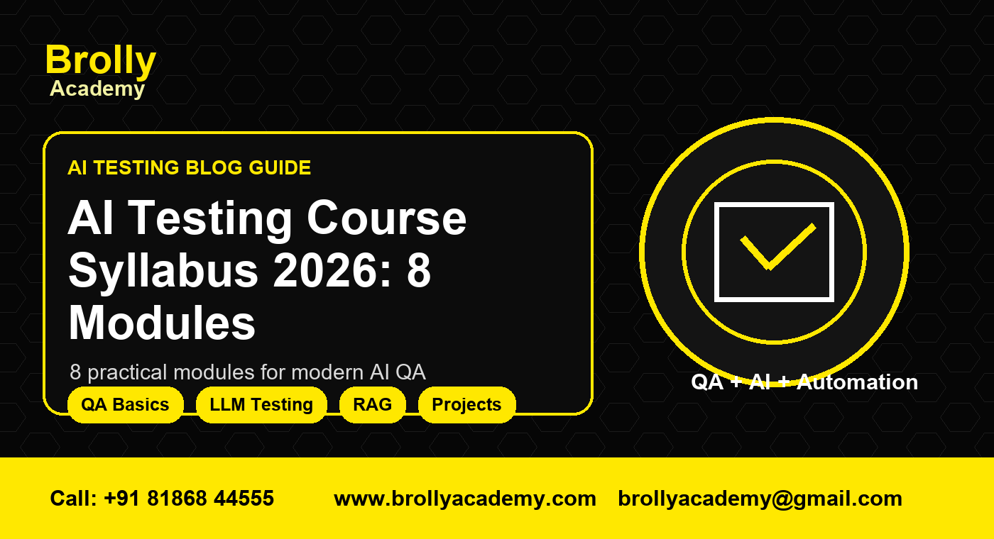 AI Testing Course Syllabus 2026: 8 Modules - Brolly Academy visual banner