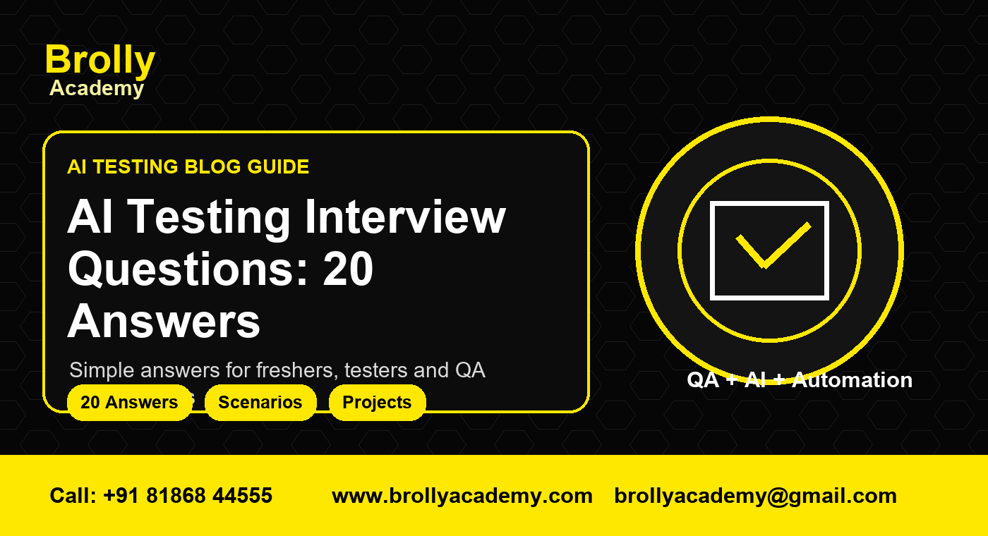 AI Testing Interview Questions: 20 Answers - Brolly Academy visual banner