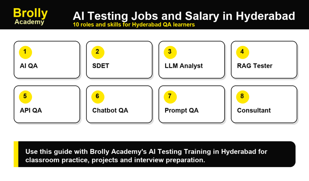 AI Testing Jobs and Salary in Hyderabad: 10 Roles - Brolly Academy infographic