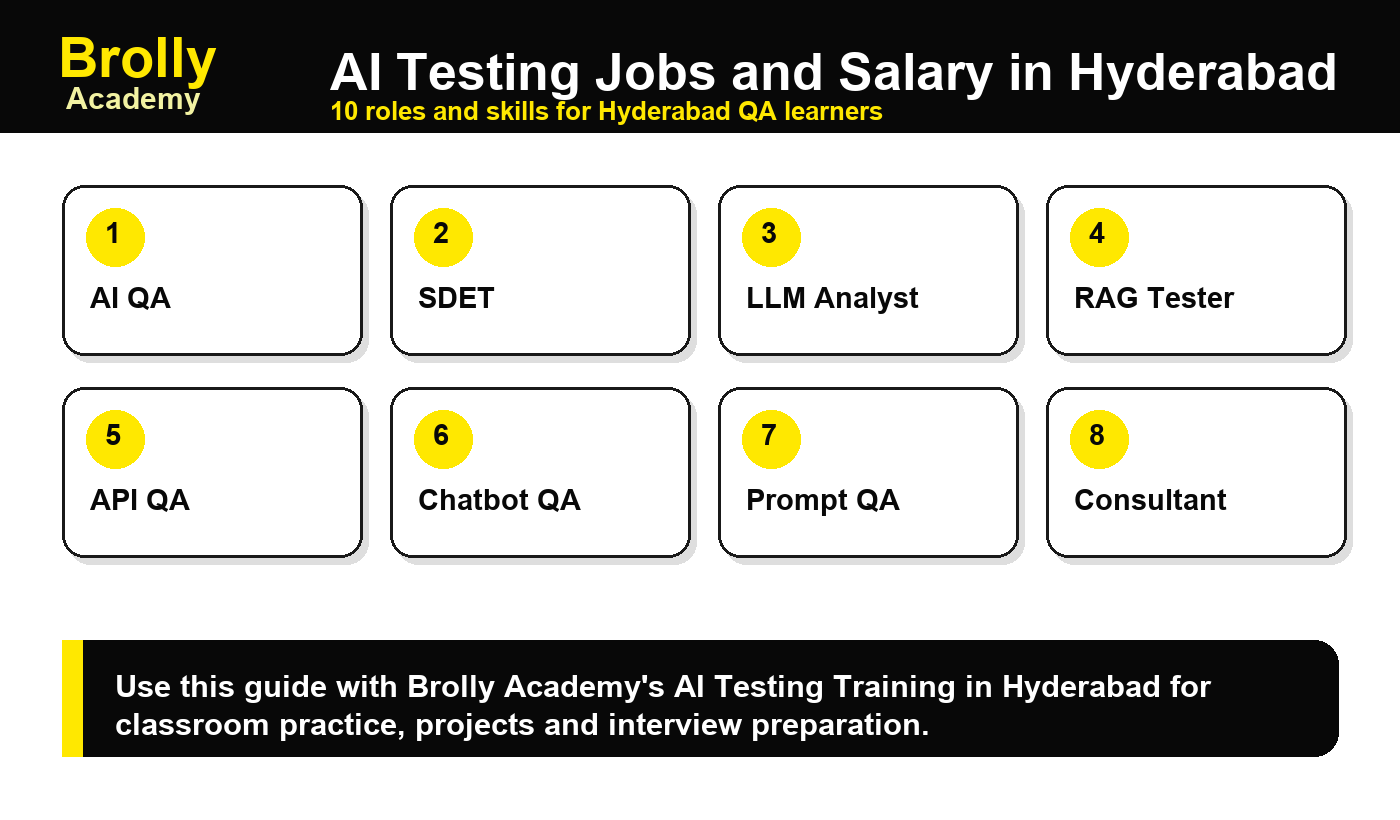 AI Testing Jobs and Salary in Hyderabad: 10 Roles - Brolly Academy infographic