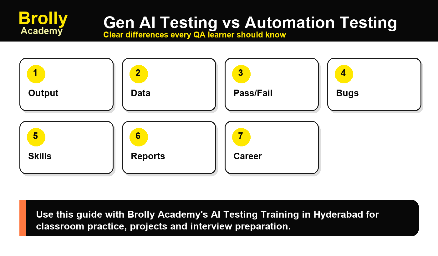 Gen AI Testing vs Automation Testing: 7 Differences - Brolly Academy infographic