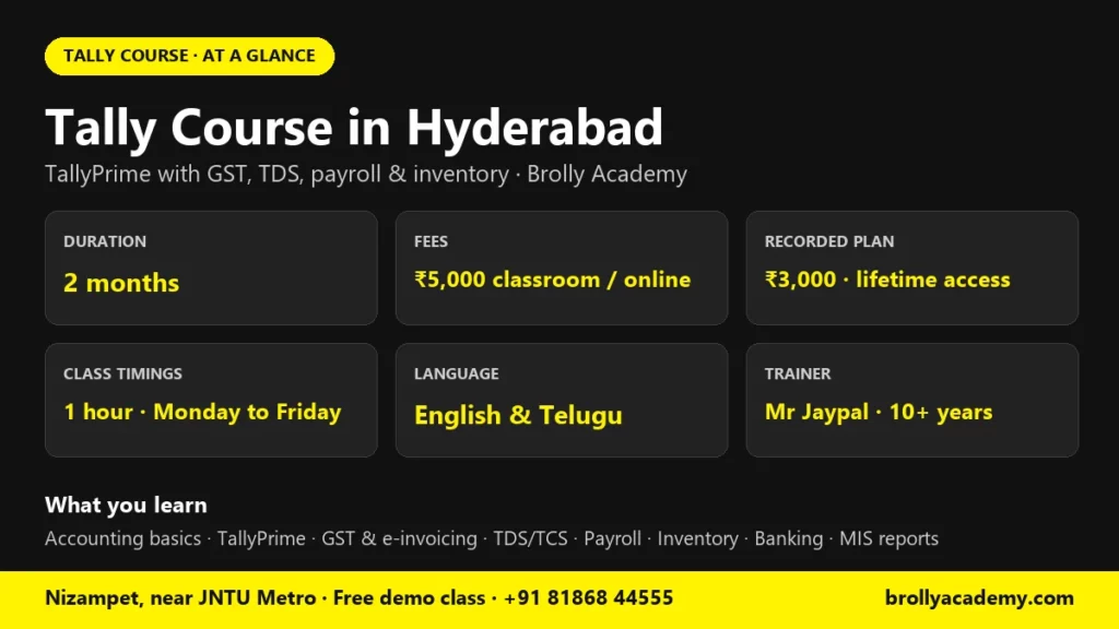 Tally course in Hyderabad at a glance: 2 months, ₹5,000 classroom or live online, ₹3,000 recorded plan, 1-hour classes Monday to Friday in English and Telugu, trainer Mr Jaypal, TallyPrime with GST, TDS, payroll and inventory