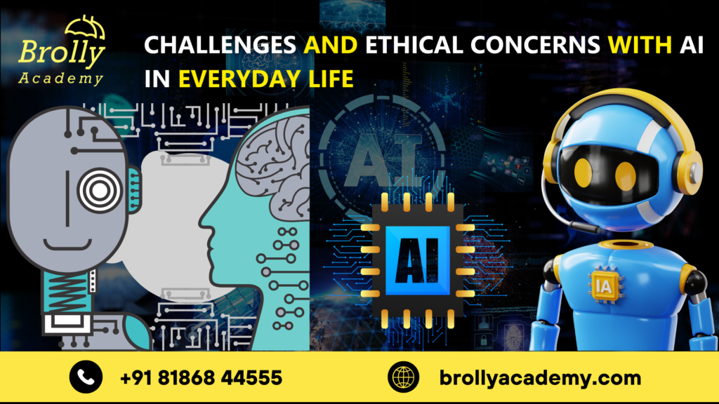 AI ethics and everyday-life challenges illustrated with human profiles, a processor and a robot.