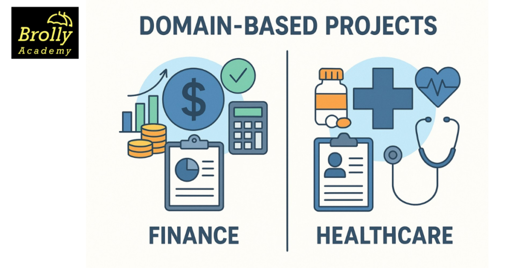 Finance and healthcare project categories illustrated with financial charts, coins, medical records and a stethoscope.
