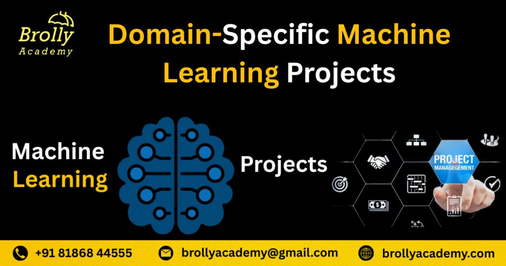 Domain-specific machine learning projects illustrated with a brain symbol and project-management icons.