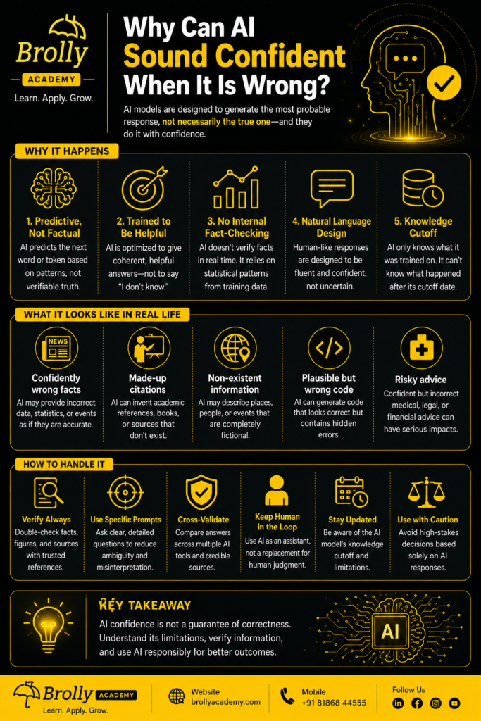 Infographic explaining confident but incorrect AI answers, with causes, examples and practical verification checks.