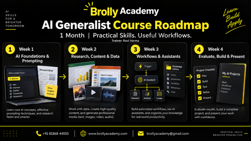 Brolly Academy AI Generalist course roadmap with Ravi Varma: four weeks from AI foundations and prompting to workflows, evaluation and a portfolio project.