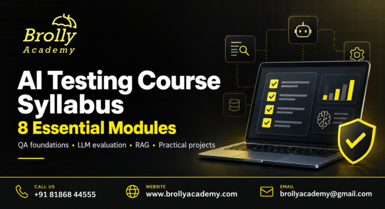AI Testing Course Syllabus: eight essential modules with Brolly Academy logo and contact details