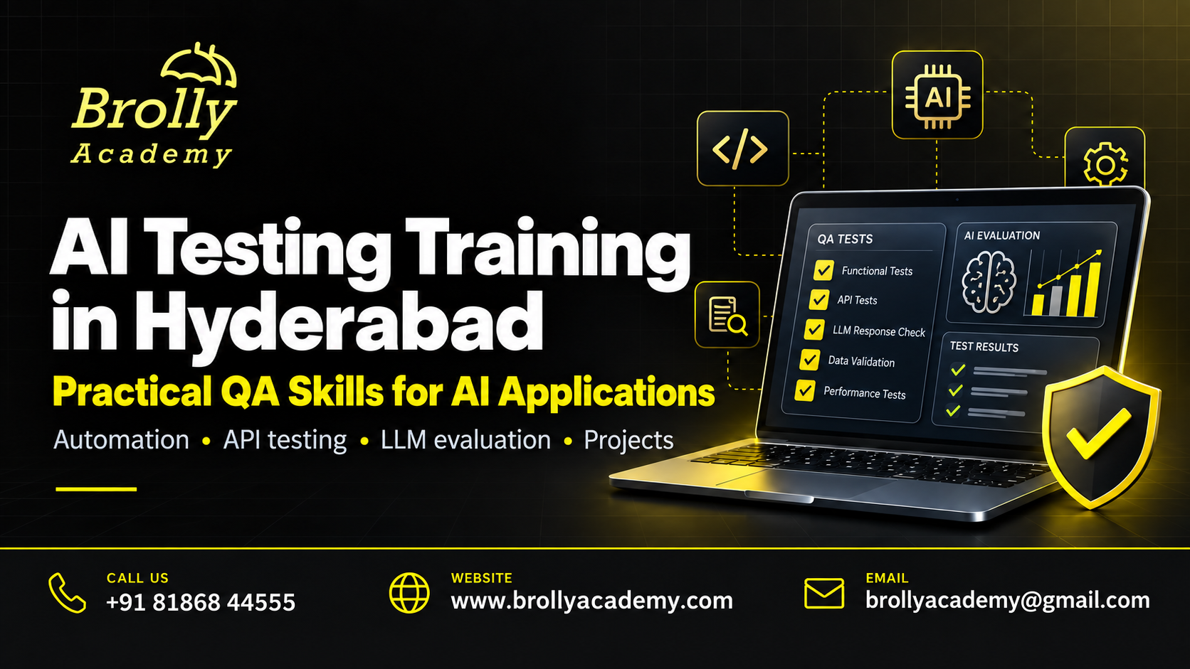 AI Testing Training in Hyderabad with a QA checklist and AI application dashboard.
