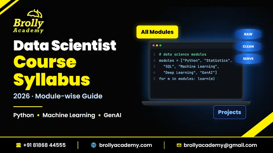 Data scientist course syllabus 2026: module-wise data science syllabus with Python, machine learning and GenAI, Brolly Academy