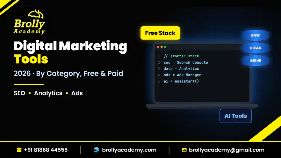 Best digital marketing tools 2026 by category: SEO, analytics, ads, social, AI, Brolly Academy