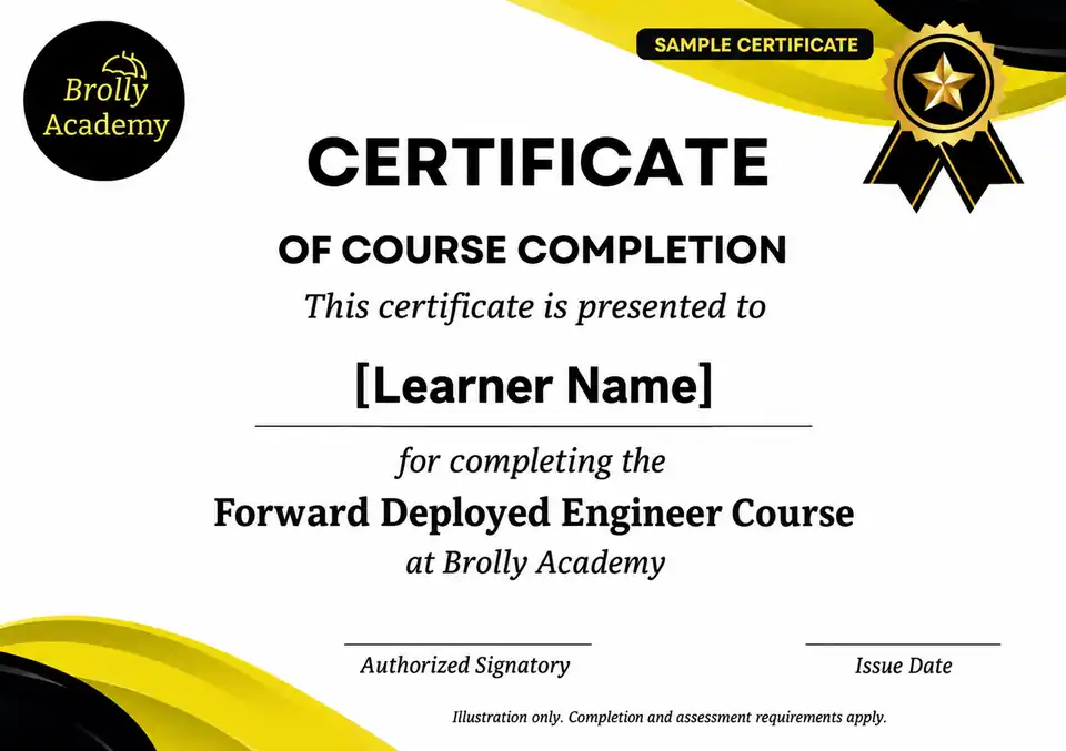 Brolly Academy sample certificate for completing the Forward Deployed Engineer Course.