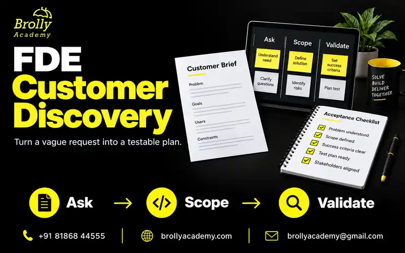 Customer discovery workflow with a problem brief, scope board and acceptance checklist.