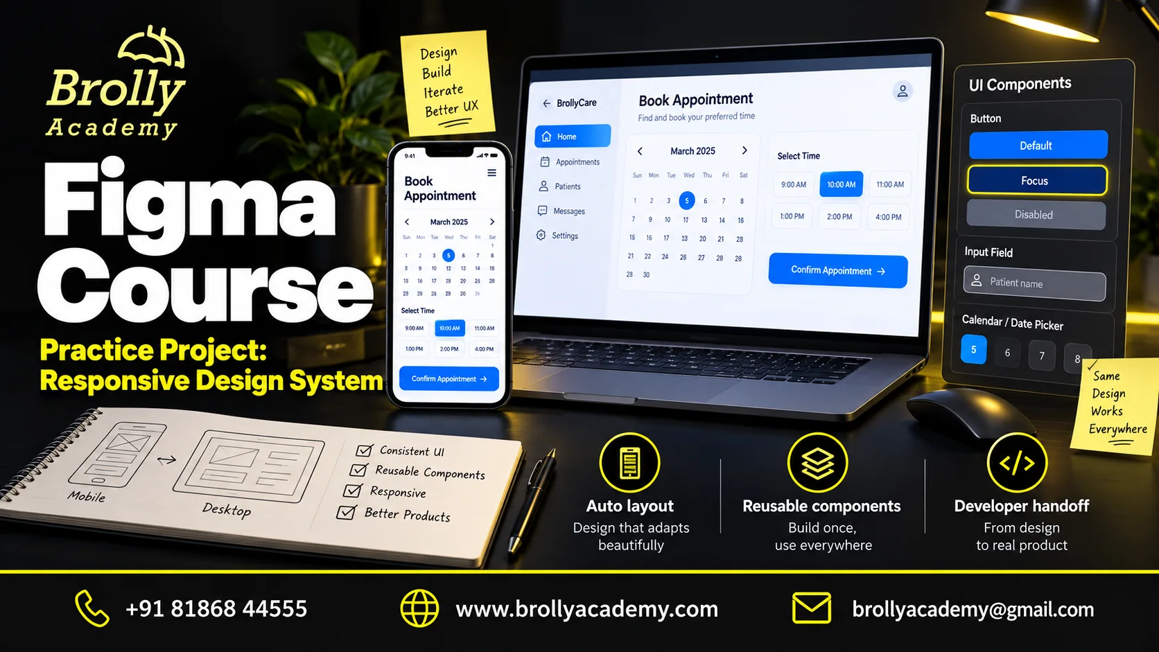 Figma Course responsive design-system project with phone and desktop booking screens and reusable button states