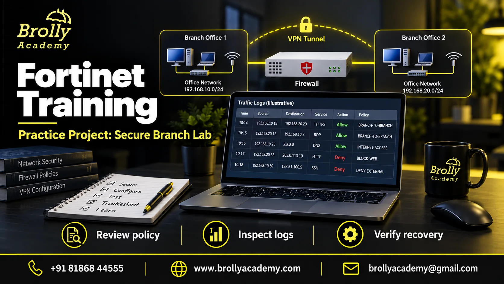 Fortinet Training authorised branch-security lab illustration with a firewall, VPN and traffic-log checks