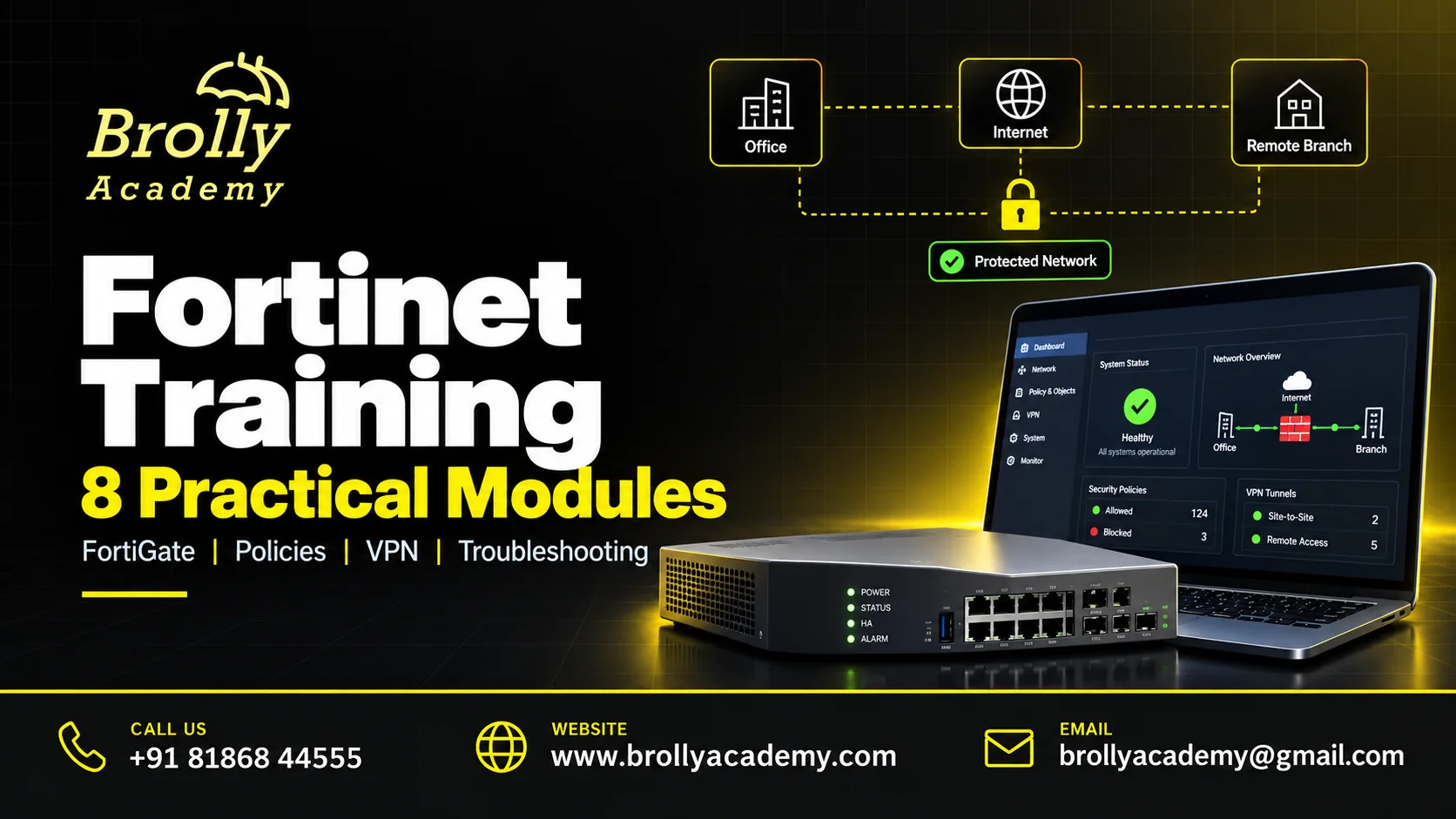 Fortinet Training at Brolly Academy: 8 practical modules and course contact details