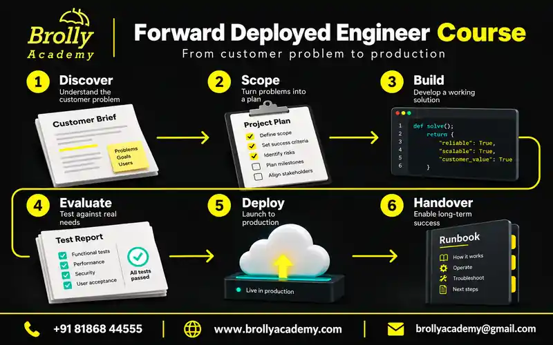 Brolly Academy FDE roadmap: discover the customer problem, scope, build, evaluate, deploy and hand over the application.