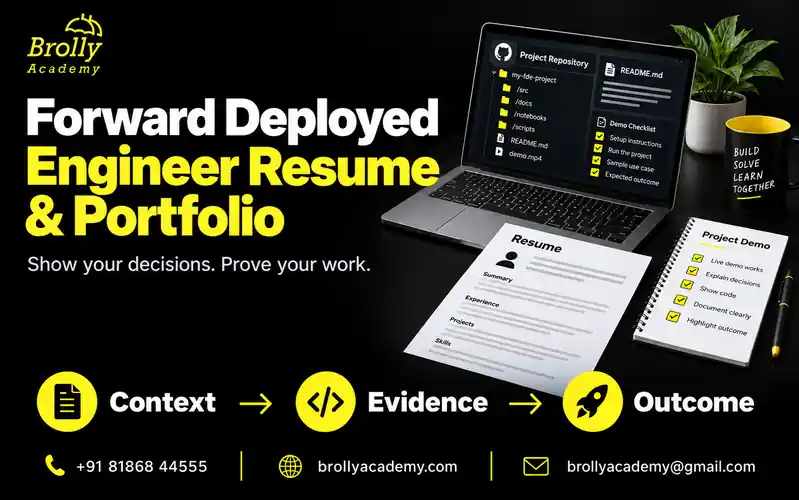 FDE resume and portfolio cover showing a project repository, README and demonstration checklist.