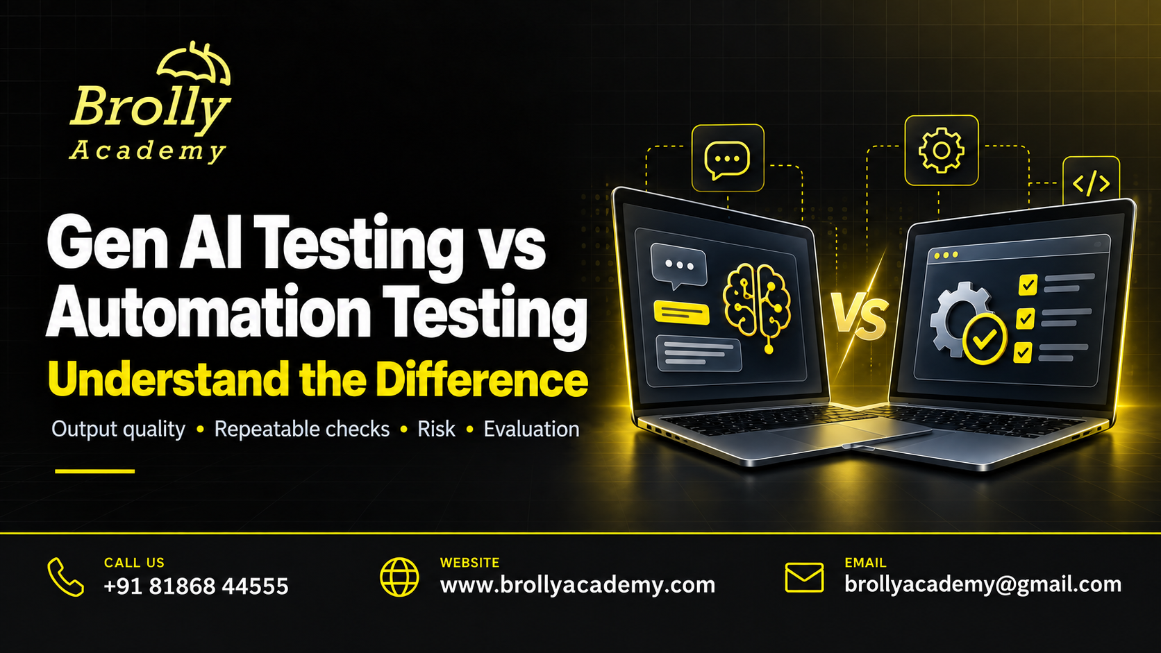 Gen AI Testing vs Automation Testing comparison graphic from Brolly Academy.
