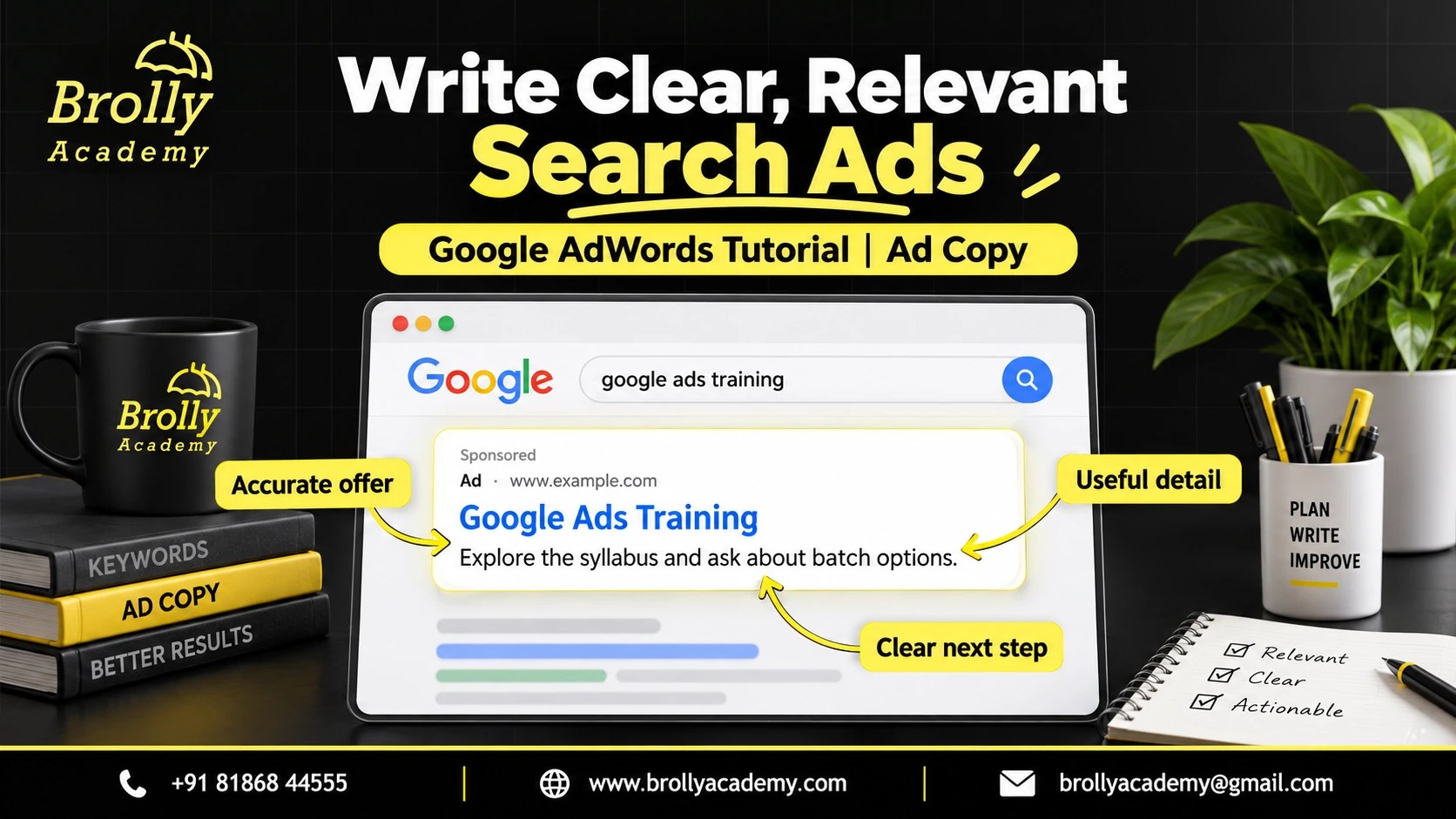 Illustrative search ad showing an accurate offer, useful course detail and a clear next step