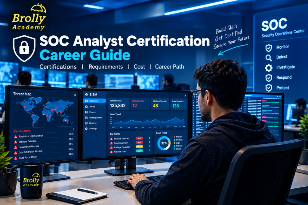 SOC Analyst Certification career guide with an analyst monitoring threat maps, SIEM alerts and security dashboards.