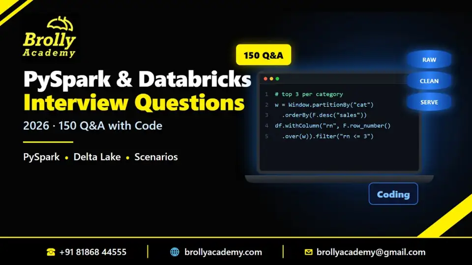 PySpark and Databricks interview questions 2026: 150 Q&A with code, Delta Lake and scenarios, by Brolly Academy