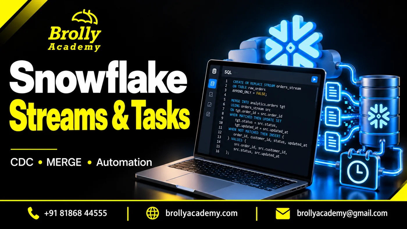 Snowflake Streams and Tasks — Brolly Academy CDC and MERGE guide