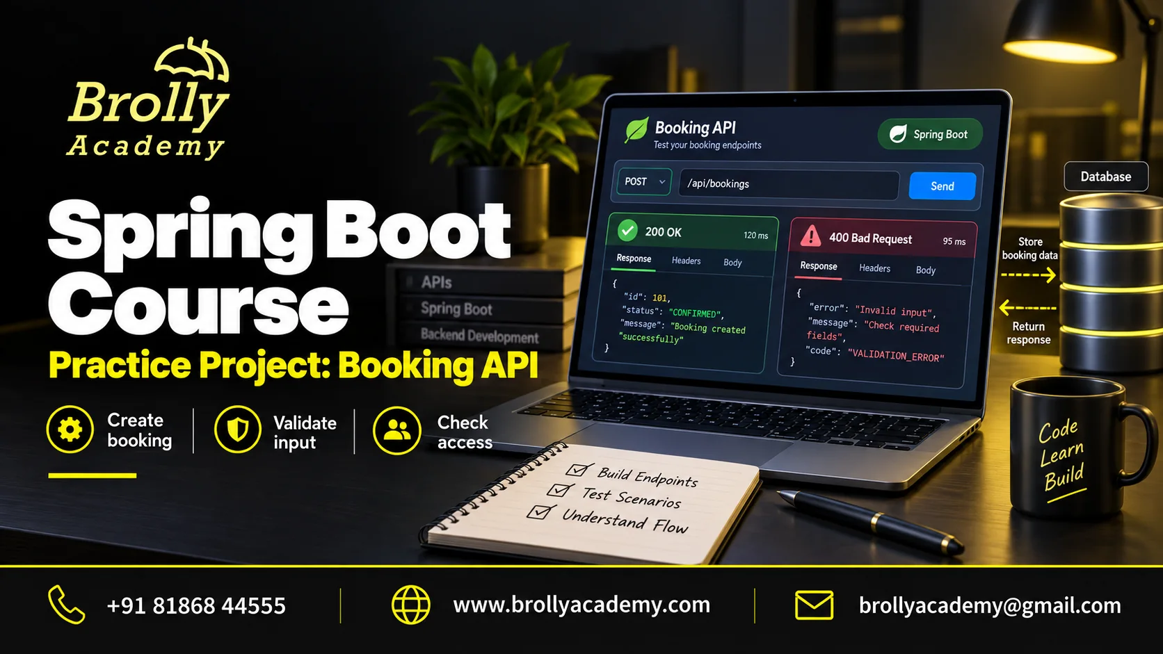 Spring Boot Course booking API project illustrating input validation, access checks and database storage