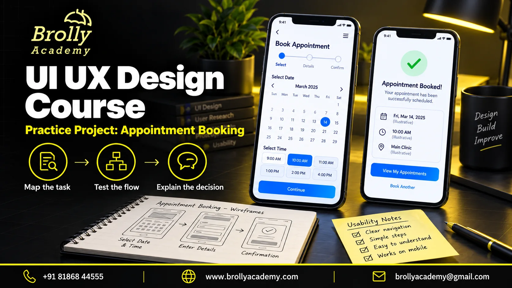 UI UX Design Course practice project showing an appointment-booking flow, wireframes and usability notes