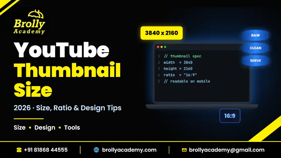 YouTube thumbnail size 2026: 3840 x 2160, 16:9 ratio and design tips, Brolly Academy